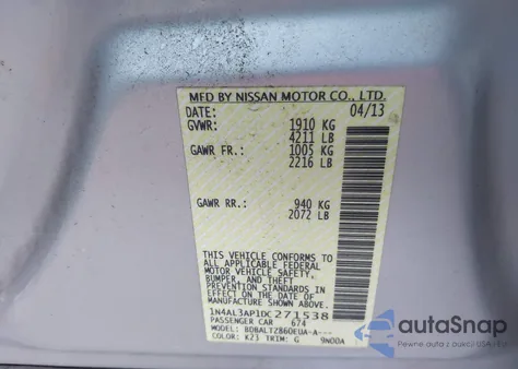 2013 Nissan Altima 2.5 Sv z USA, uszkodzony, nr VIN 1N4AL3AP1DC271538